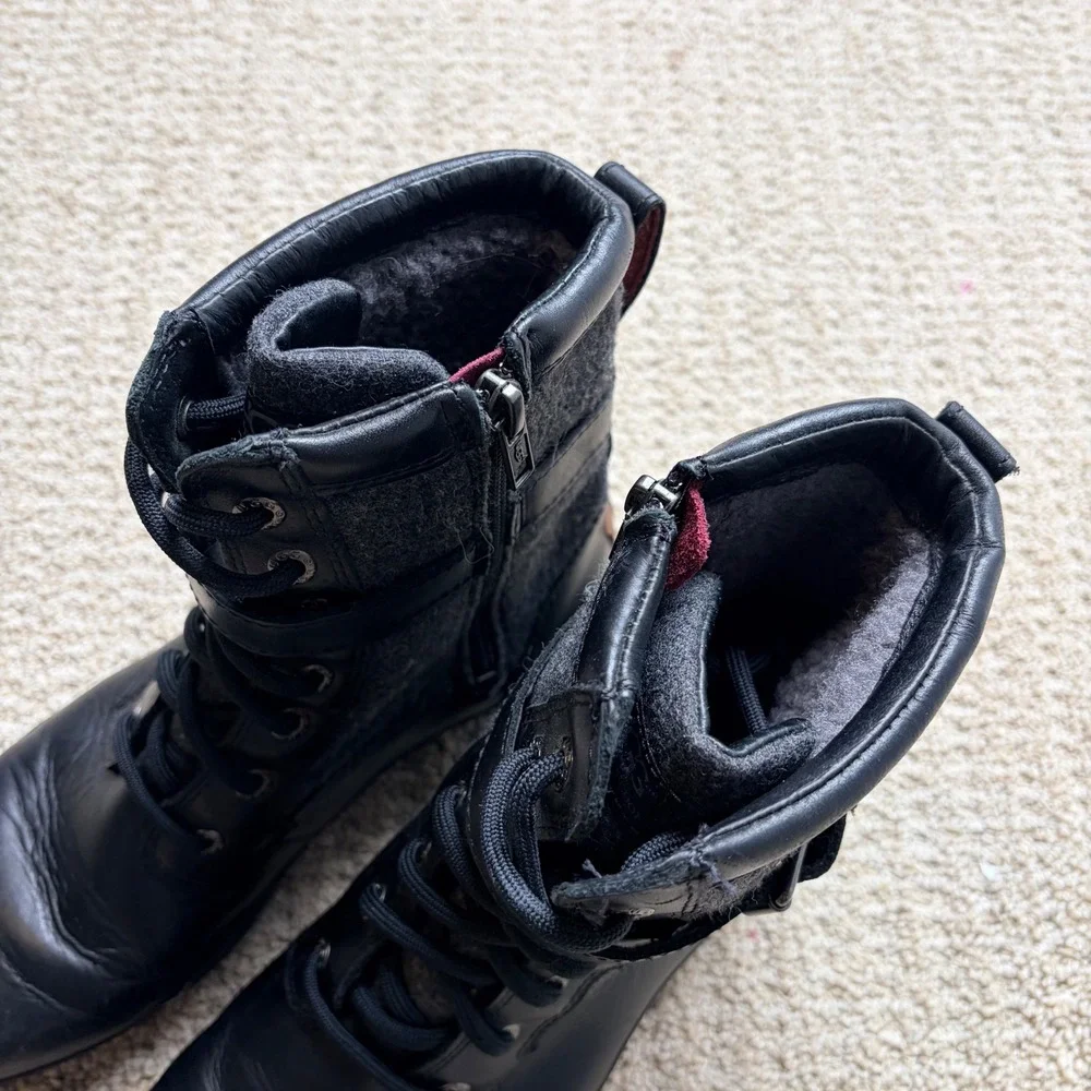 UGG Simmens Waterproof Black Leather Wool Lace Up Buckle Boots 1005264 Women 8.5